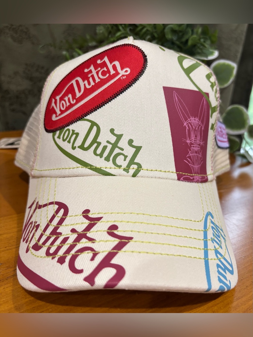 Von Dutch White Mesh Trucker with Pink Trim and Navy Patch. NEW WITH TAGS!